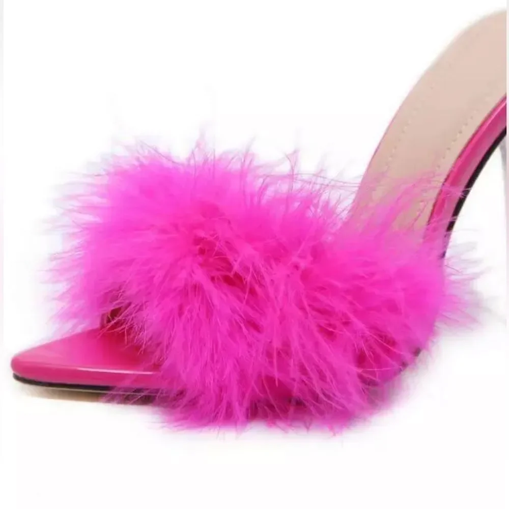 Women faux Feather Slippers Sandals pump High heels Slides Mules Size 6